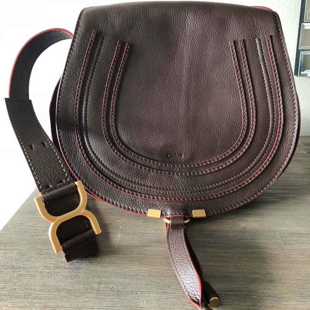 Chloe Marcie Saddle Medium Bag in Enigmatic Brown,EUC